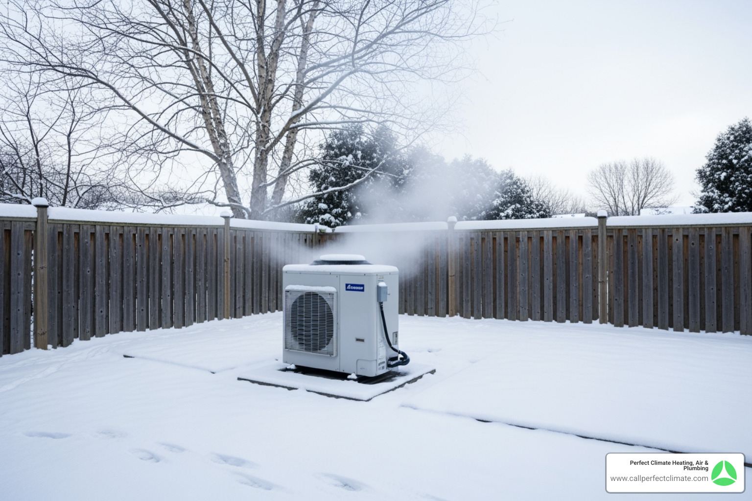 Outdoor heat pump unit during a normal winter defrost cycle with steam rising - heat pumps leaking water in poseyville in