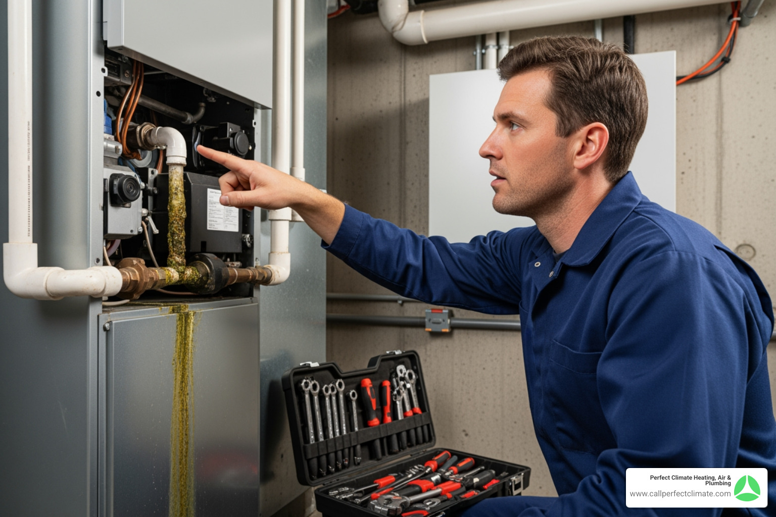 Technician pointing to a clogged condensate drain line on an indoor unit - heat pumps leaking water in poseyville in