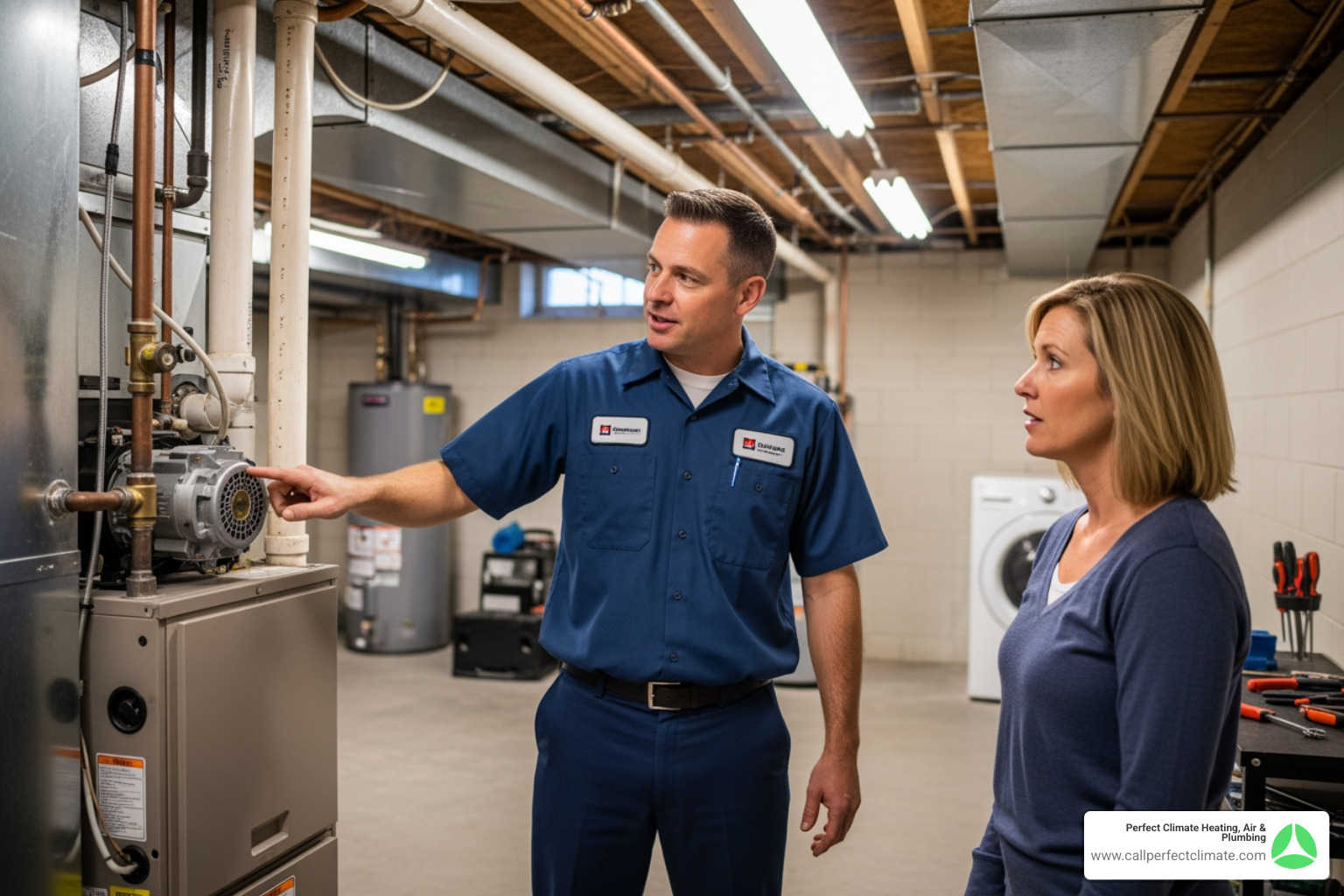 technician explaining furnace maintenance to homeowner - heating maintenance in owensville in