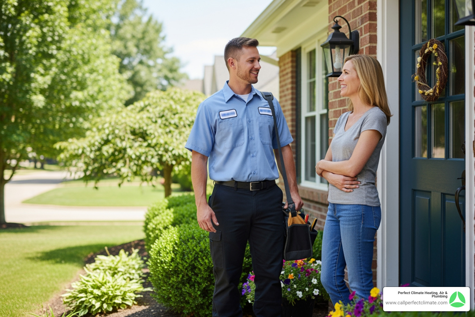 A friendly HVAC technician, dressed in a clean uniform, is smiling and speaking with a homeowner at their front door. - ductless hvac maintenance service in owensville in