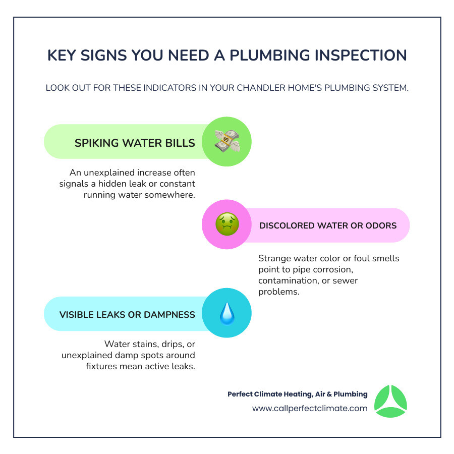 Infographic showing the top 5 warning signs that indicate you need a plumbing inspection: unusual increase in water bills, persistent low water pressure, slow draining sinks or tubs, water discoloration or unpleasant odors, and visible water stains or dampness around fixtures - plumbing inspection in chandler in infographic infographic-line-3-steps-colors Infographic showing the top 5 warning signs that indicate you need a plumbing inspection: unusual increase in water bills, persistent low water pressure, slow draining sinks or tubs, water discoloration or unpleasant odors, and visible water stains or dampness around fixtures - plumbing inspection in chandler in infographic infographic-line-3-steps-colors