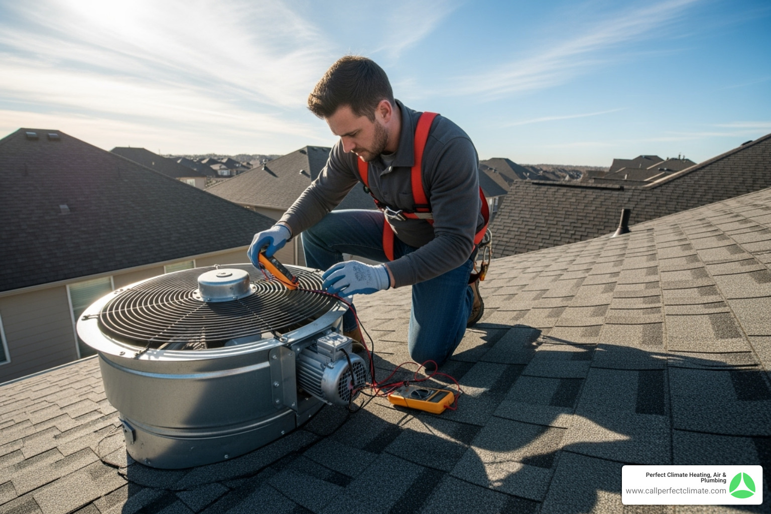 Professional HVAC technician inspecting an attic fan on a roof - attic fan installation