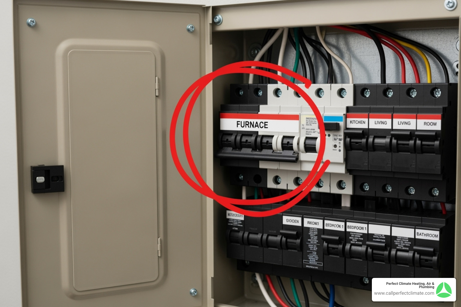 home electrical panel with a furnace breaker circled - heater not working