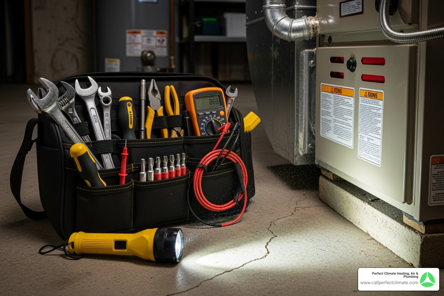 technician's tool kit next to a furnace unit - heating system maintenance
