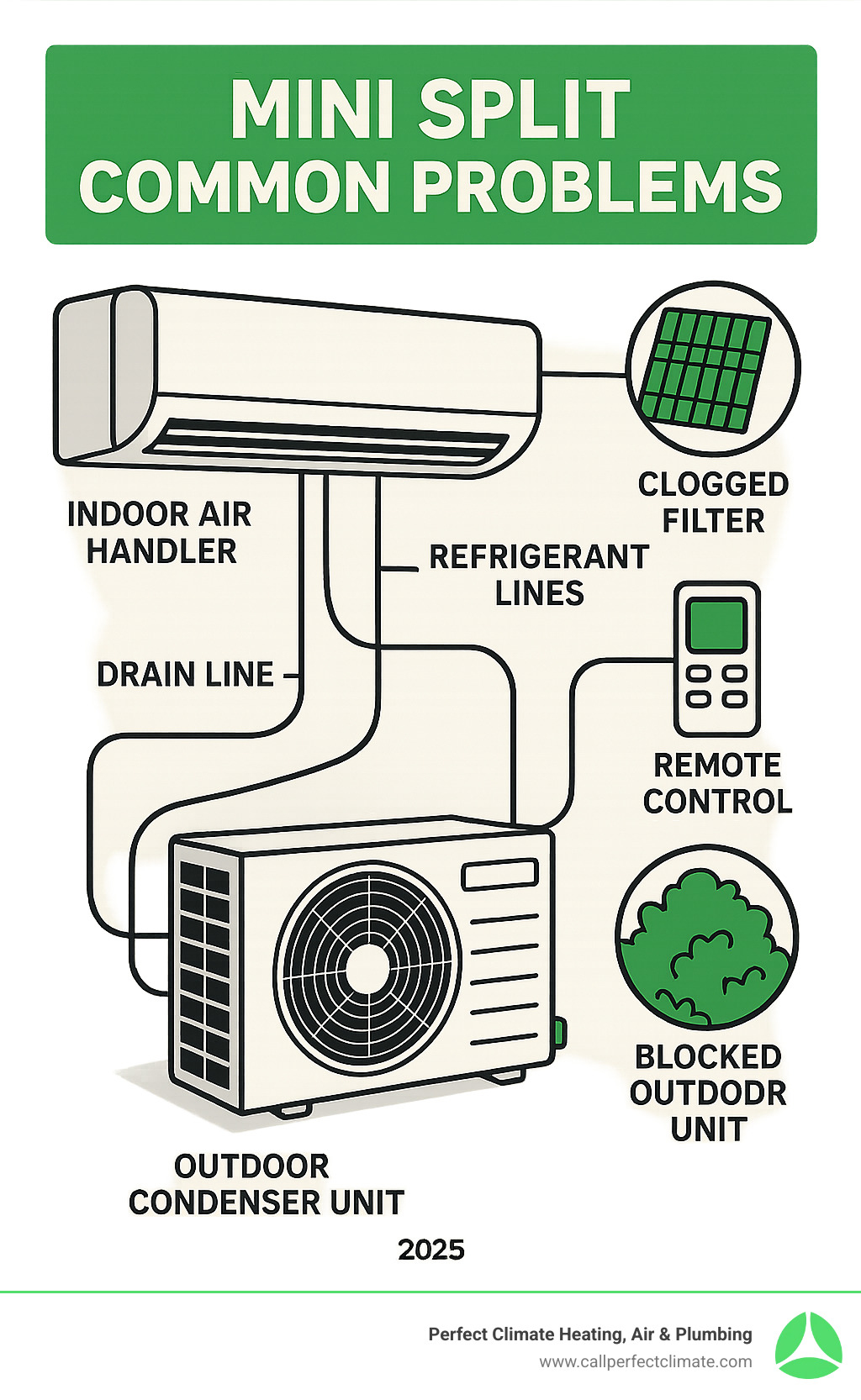 Infographic showing mini split system components including indoor air handler mounted on wall, outdoor condenser unit, refrigerant lines connecting the units, drain line, remote control, and common problem areas like clogged filters and blocked outdoor units - mini split common problems infographic 