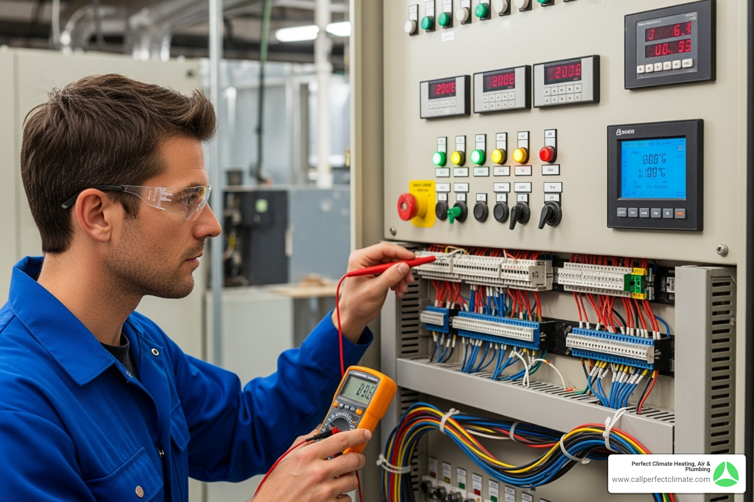 technician inspecting a commercial HVAC system control panel - professional commercial hvac contractor evansville