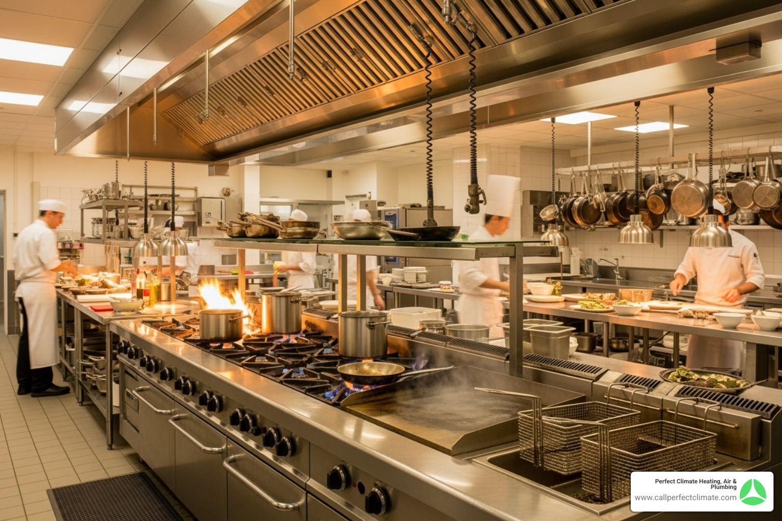 commercial kitchen with visible ventilation hoods - professional commercial hvac contractor evansville
