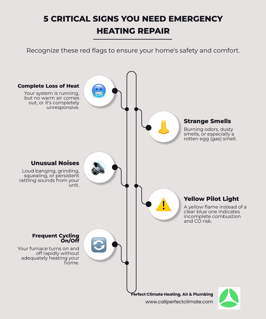 Infographic showing five critical signs you need emergency heating repair: 1) Complete loss of heat with thermostat set correctly, 2) Strange burning smells or gas odors, 3) Unusual banging, grinding, or squealing noises, 4) Yellow pilot light instead of blue indicating carbon monoxide risk, 5) Frequent cycling on and off without reaching set temperature - 24/7 heating repair in chandler in infographic infographic-line-5-steps-elegant_beige