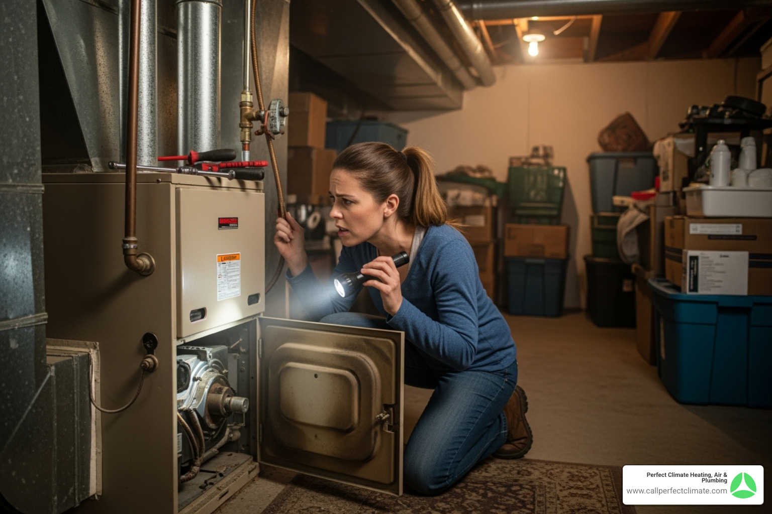 homeowner inspecting their furnace area - furnace loud noise