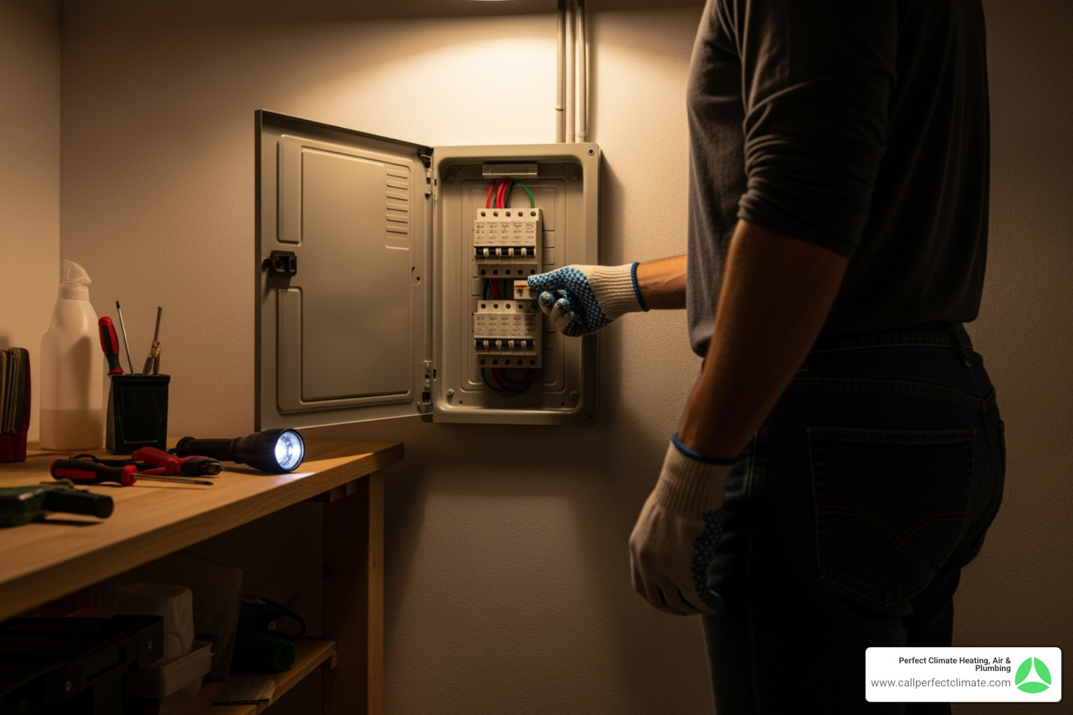 Homeowner safely turning off a circuit breaker for an HVAC unit - HVAC emergency service