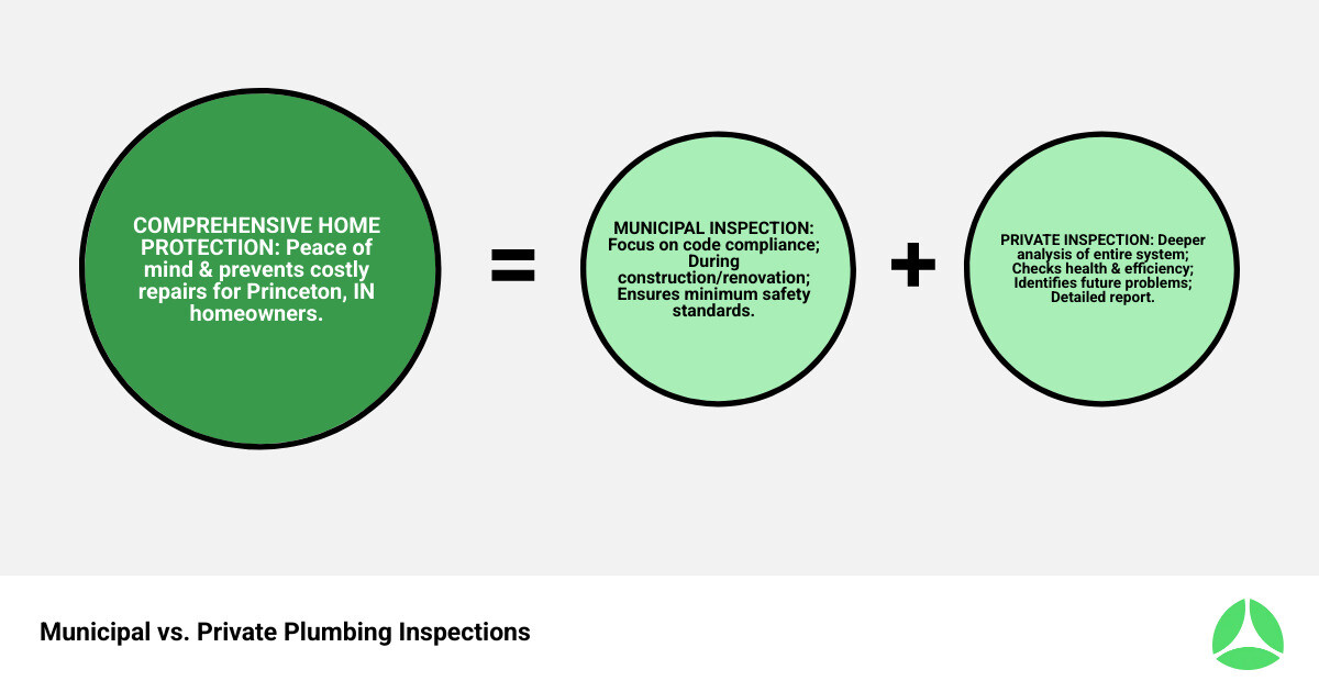 infographic showing the difference between municipal code inspection during construction with permits and plans versus private home plumbing inspection checking water heater fixtures drains and sewer lines for homeowners - plumbing inspection in princeton in infographic sum_of_parts