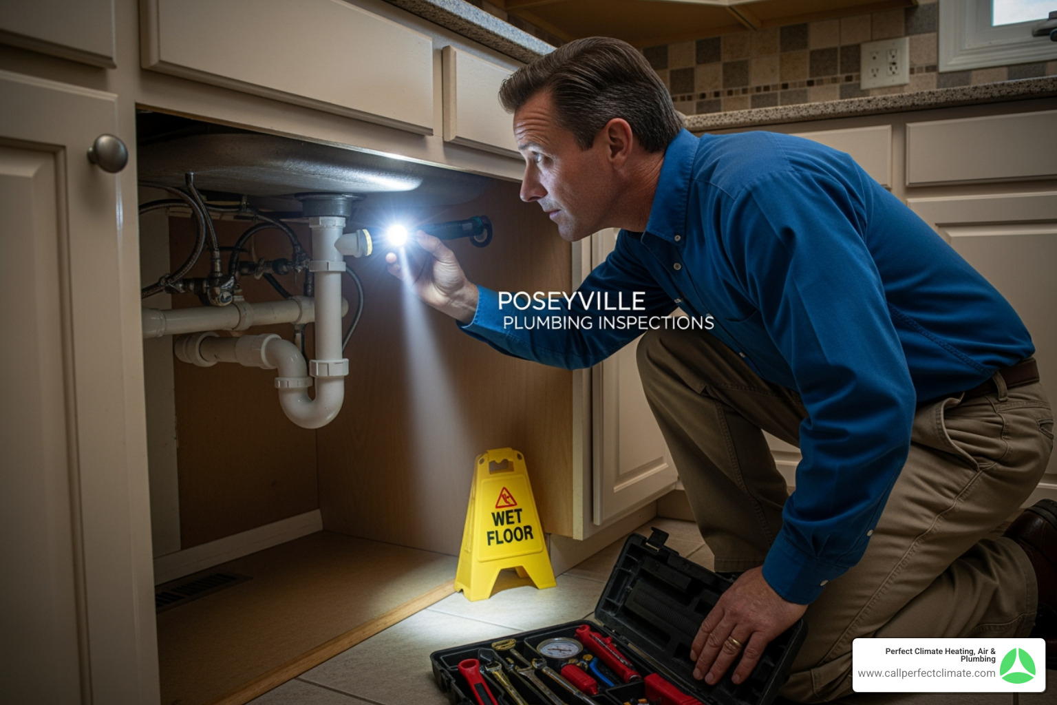 infographic showing the plumbing inspection process including visual assessment of fixtures water pressure testing drain flow checks sewer line video inspection and detailed reporting with recommended repairs - plumbing inspection in poseyville in