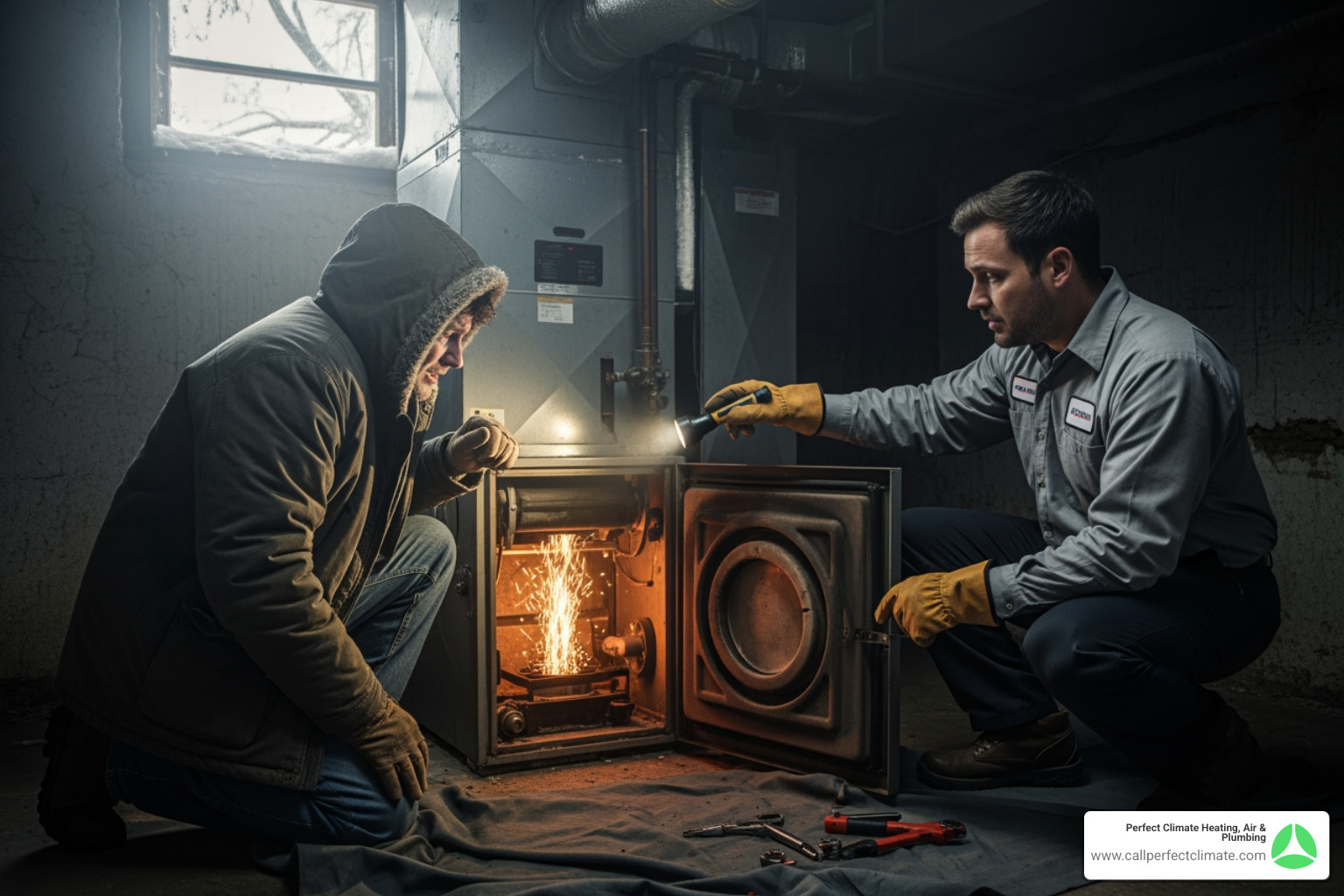 Infographic showing the top 3 signs of a heating emergency: no heat coming from vents despite thermostat being on, strange grinding or rattling noises from the furnace, and visible smoke or burning smell from the heating system - emergency heating repair in boonville in