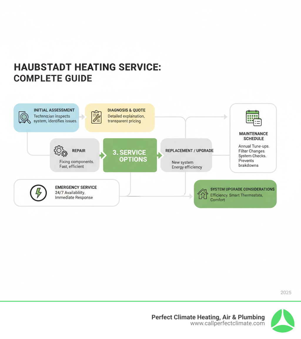 Comprehensive guide showing the heating service process from initial assessment through repair or replacement, including emergency service options, maintenance schedules, and system upgrade considerations for Haubstadt residents - hvac heating service haubstadt in infographic 