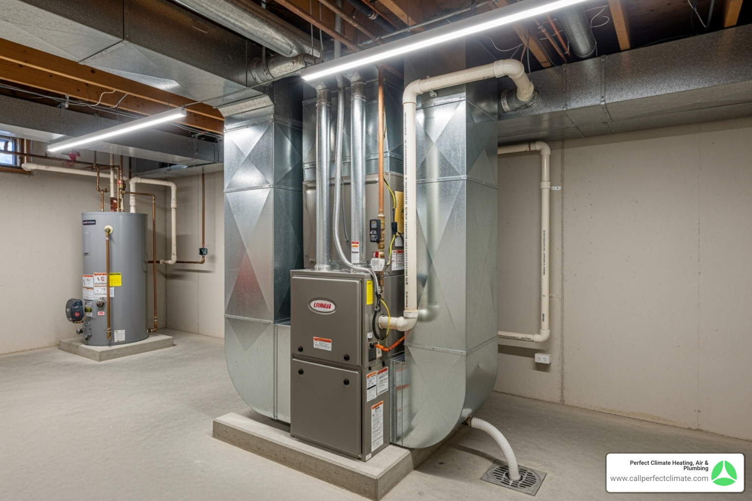 clean, modern furnace unit installed in a basement - hvac heating service haubstadt in