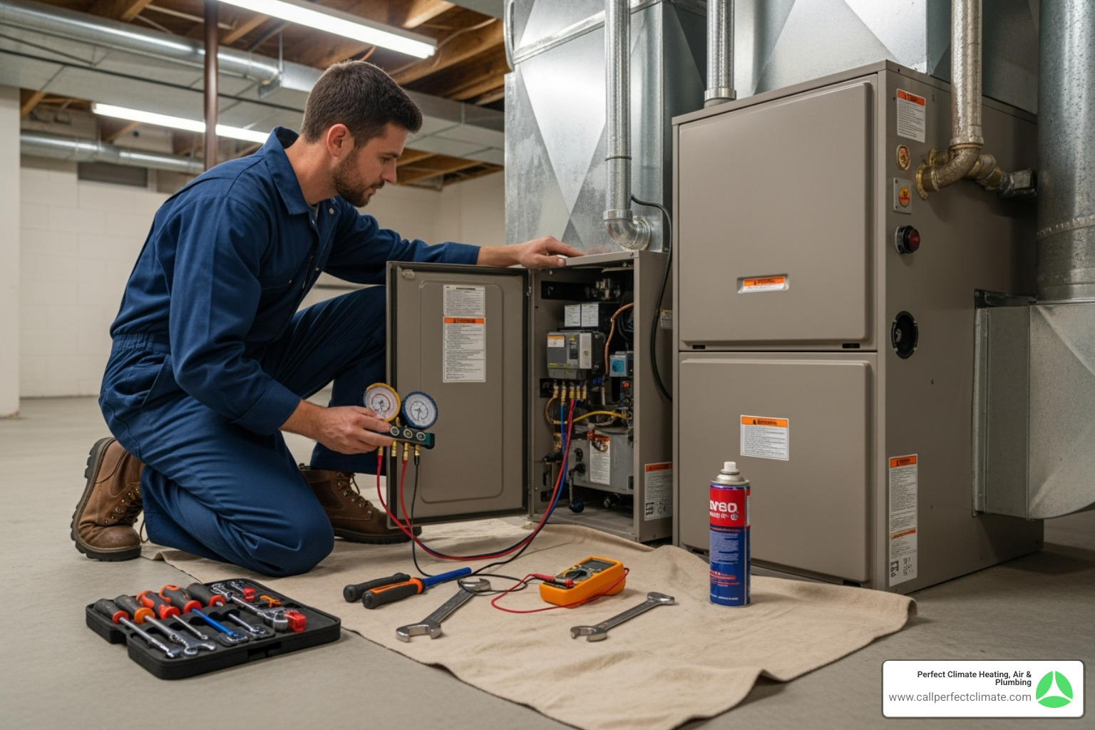 technician performing maintenance on a heating system - hvac heating service haubstadt in