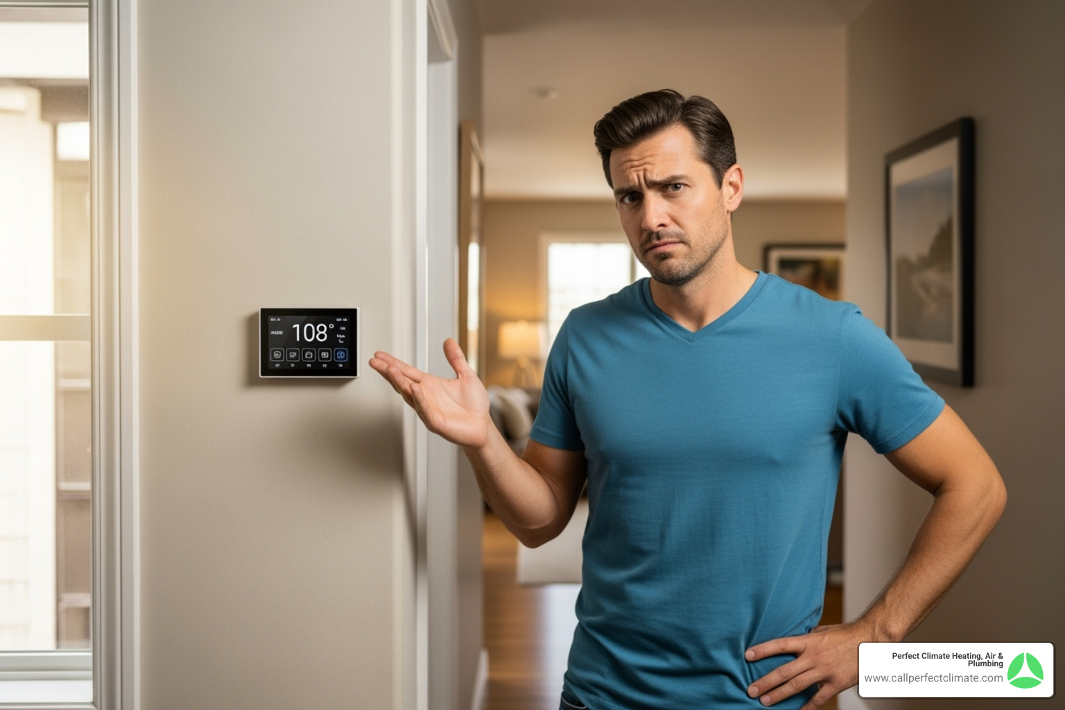homeowner looking quizzically at a thermostat - hvac heating service haubstadt in