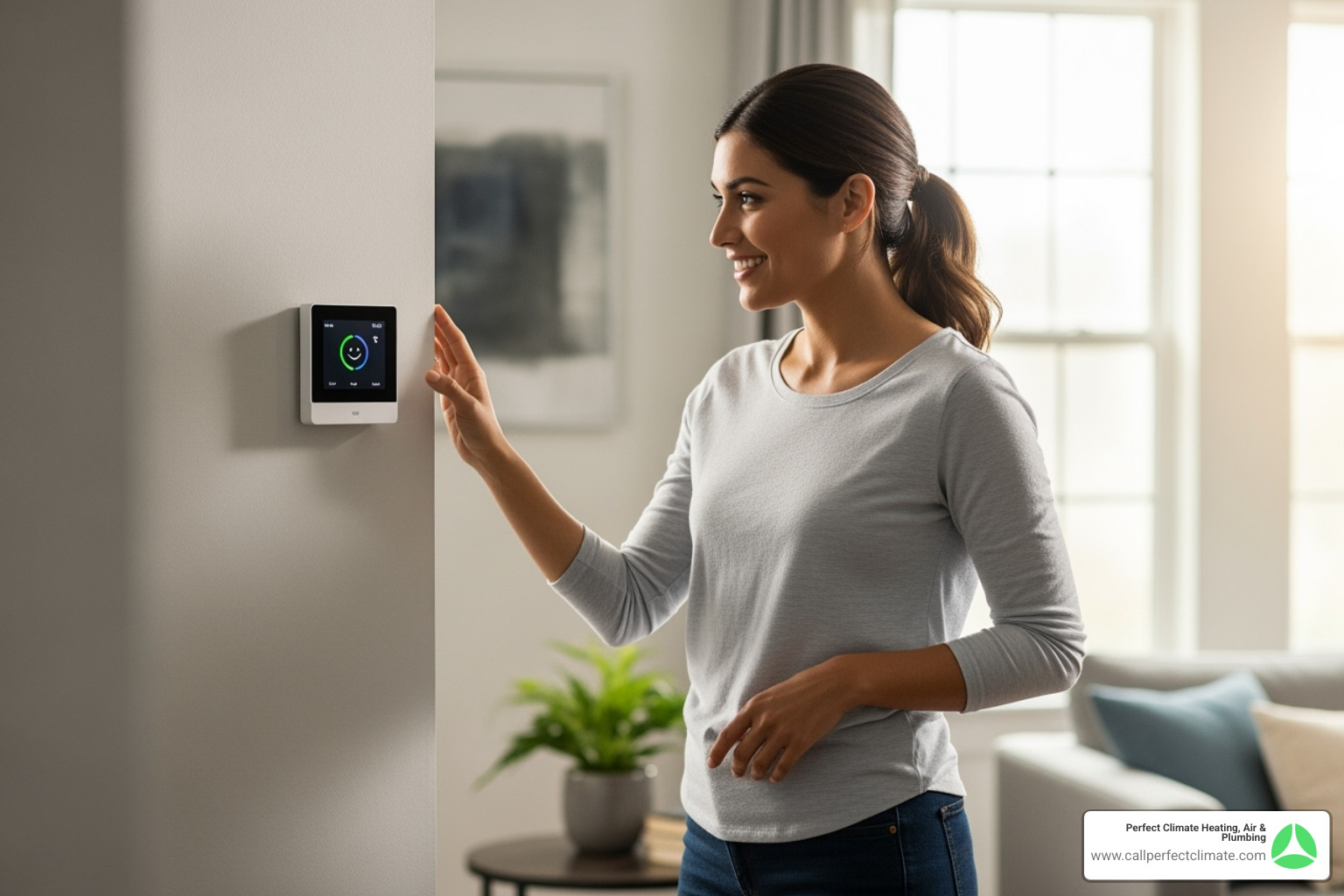 homeowner smiling at their new thermostat - furnace installation haubstadt in homeowner smiling at their new thermostat - furnace installation haubstadt in