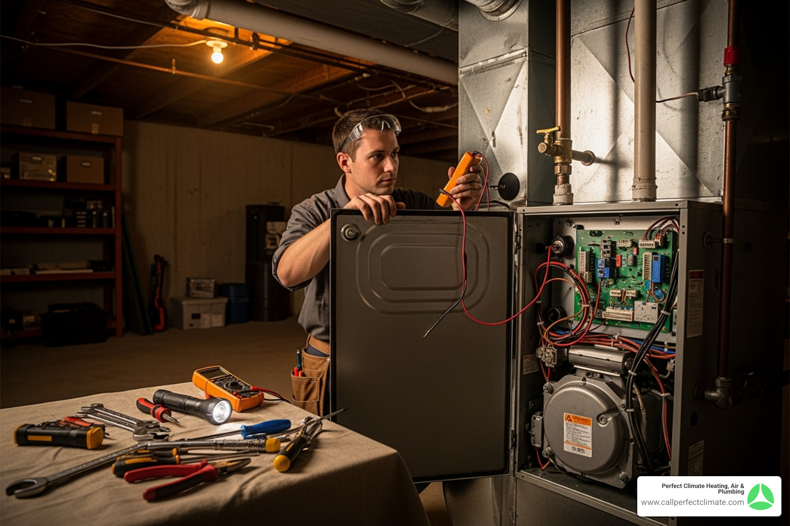 Image of a technician working on a furnace - furnace repair evansville Image of a technician working on a furnace - furnace repair evansville