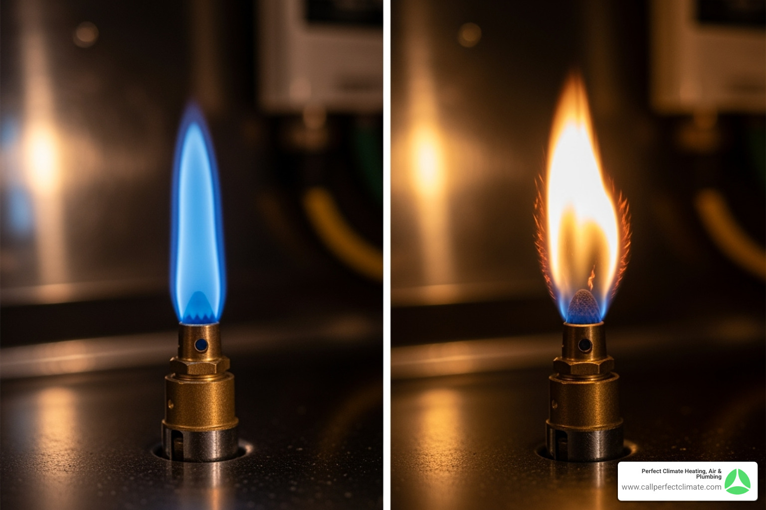 Image of a furnace pilot light showing a healthy blue flame vs an unhealthy yellow flame - furnace repair evansville Image of a furnace pilot light showing a healthy blue flame vs an unhealthy yellow flame - furnace repair evansville