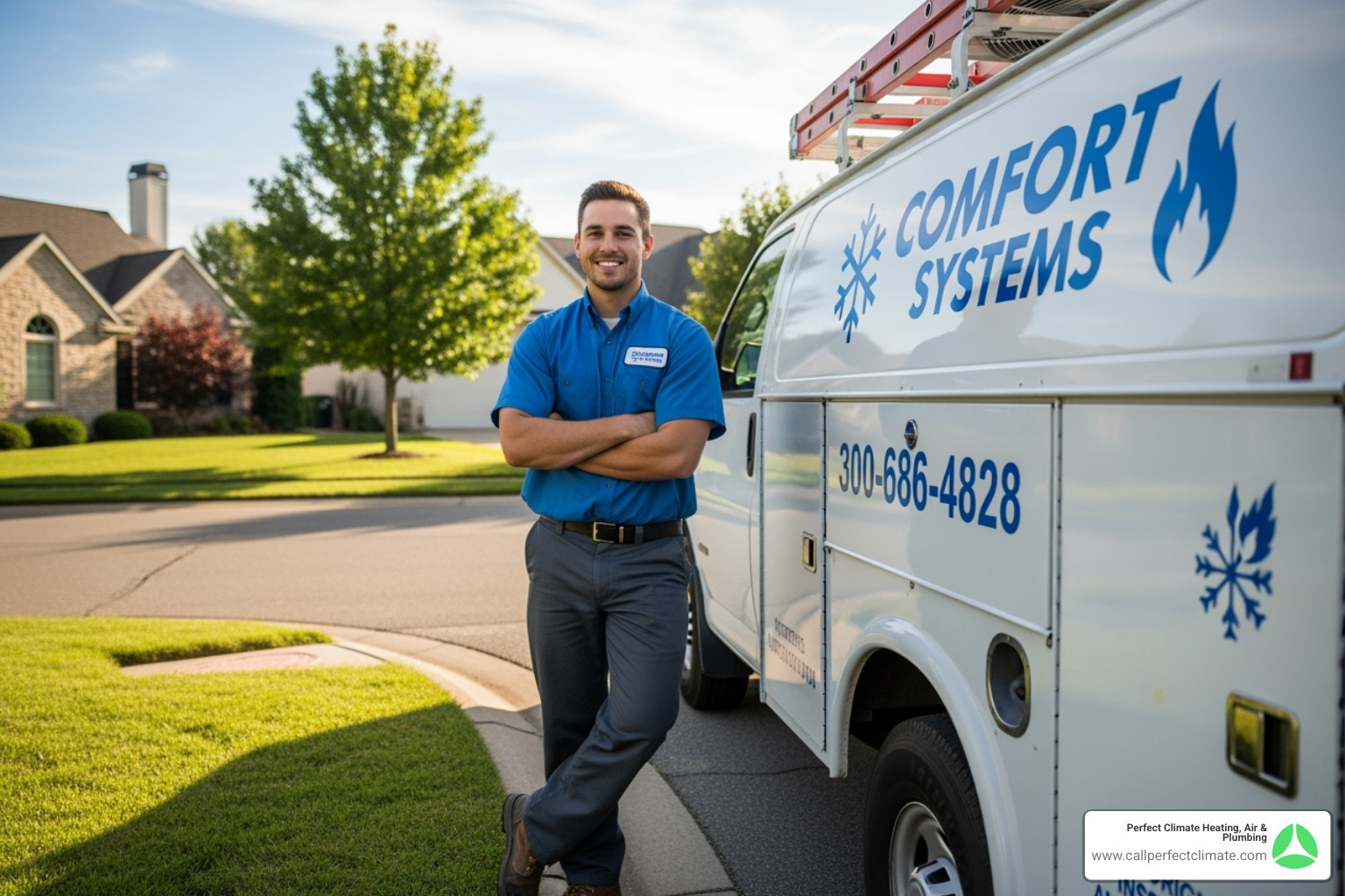 Image of a friendly technician with a service van - furnace repair evansville Image of a friendly technician with a service van - furnace repair evansville