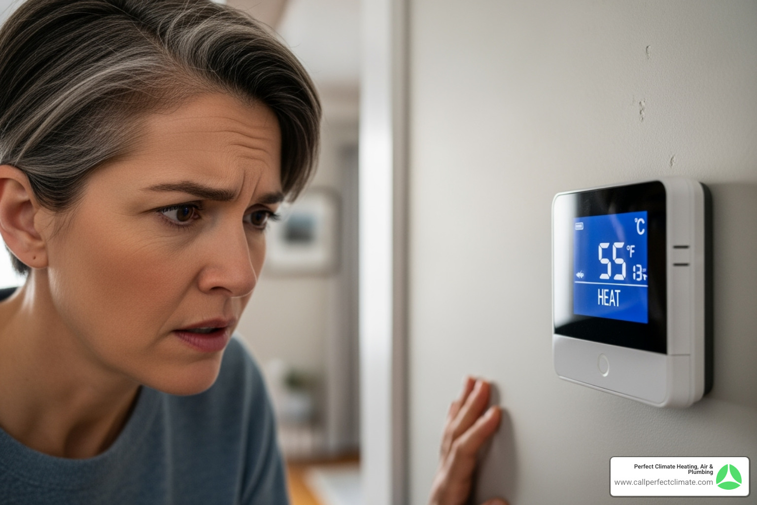 homeowner looking at a thermostat with a concerned expression - furnace repair evansville in homeowner looking at a thermostat with a concerned expression - furnace repair evansville in