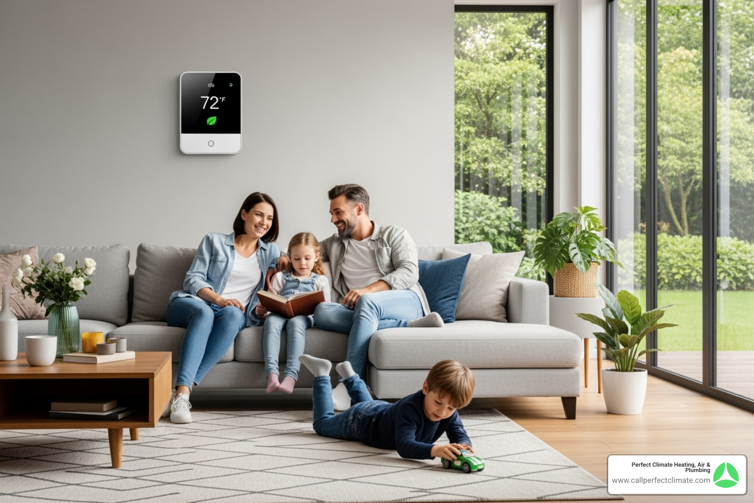 A family happily relaxing in their living room, with a modern, sleek smart thermostat visible on the wall, indicating optimal home comfort - best heat pump replacement haubstadt