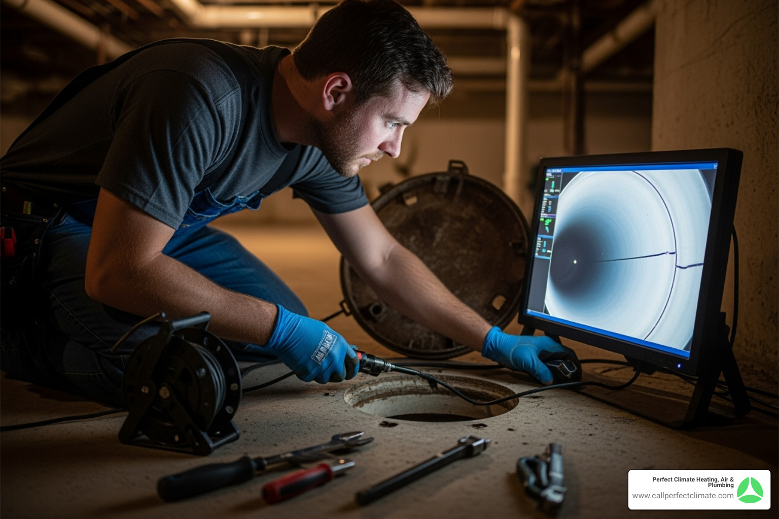 technician performing video camera pipe inspection - reliable plumber evansville technician performing video camera pipe inspection - reliable plumber evansville