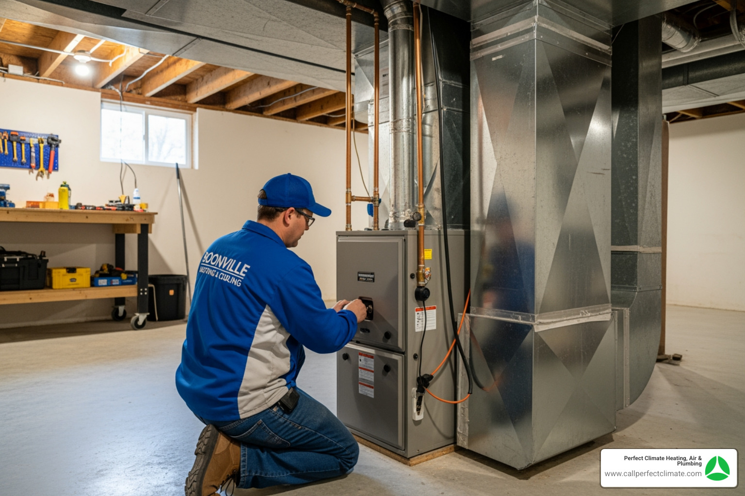 Infographic showing the top 5 signs you need a new heating system: system age 15-20 years, rising energy bills, frequent repairs, uneven heating throughout home, and strange noises or smells from the unit - affordable heating installation in boonville in