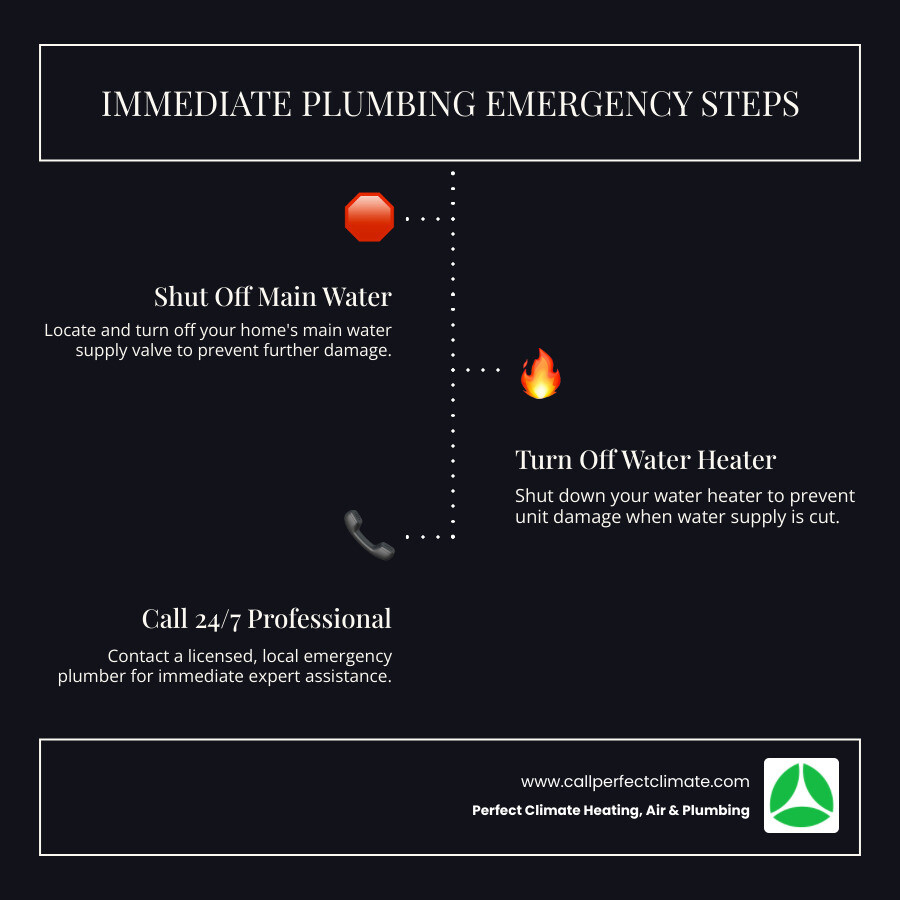 Infographic showing immediate emergency plumbing steps: 1. Shut off main water valve 2. Turn off water heater 3. Call 24/7 professional plumber 4. Document damage with photos 5. Clear water-affected areas. Includes icons for each step and emergency contact reminder - emergency plumbing repair in boonville in infographic infographic-line-3-steps-dark