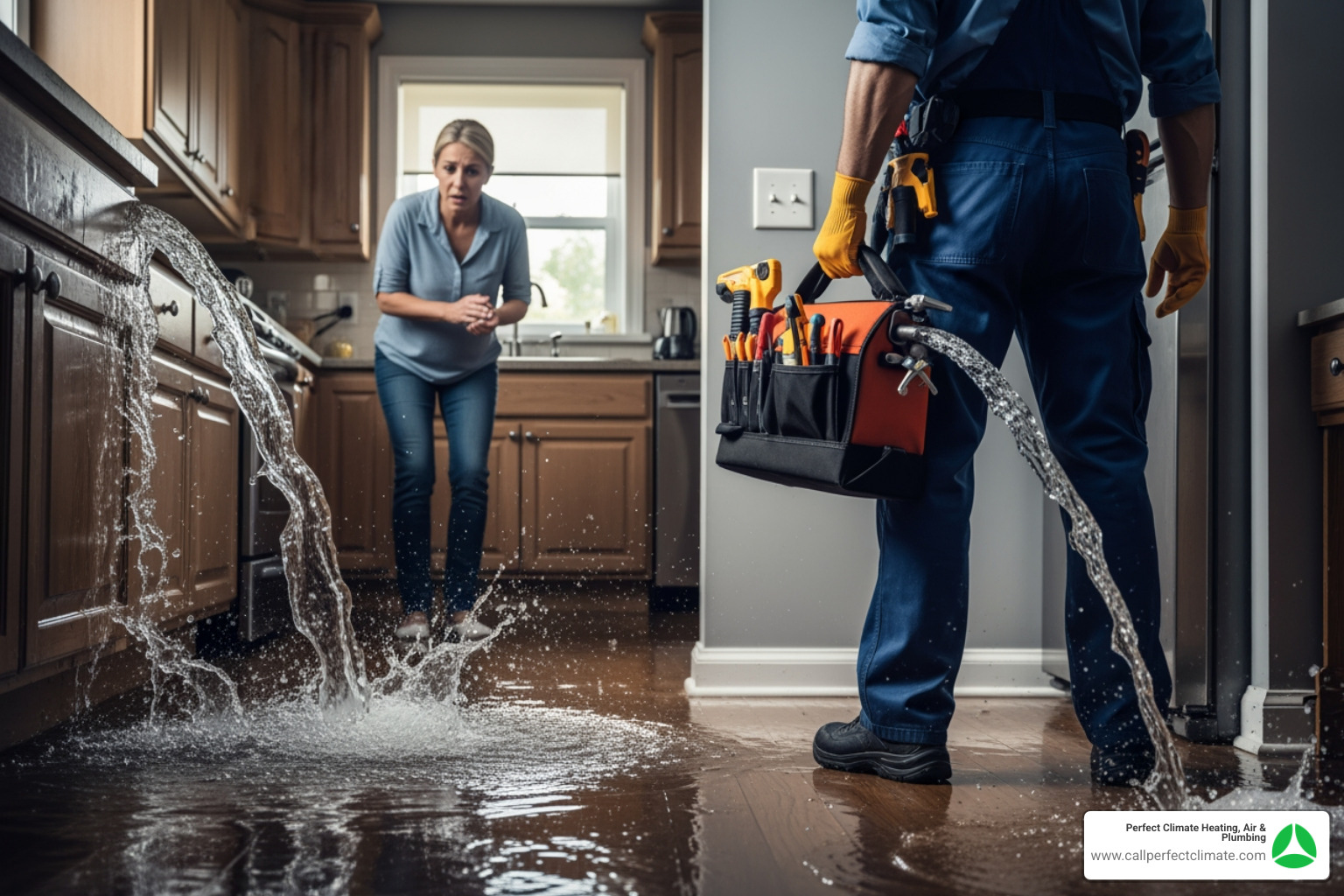 Infographic showing 5 critical signs of a plumbing emergency: burst pipes with active flooding, sewage backing up into home, gas smell near water heater, no water throughout house, and frozen pipes bulging or leaking - emergency plumbing repair in owensville in