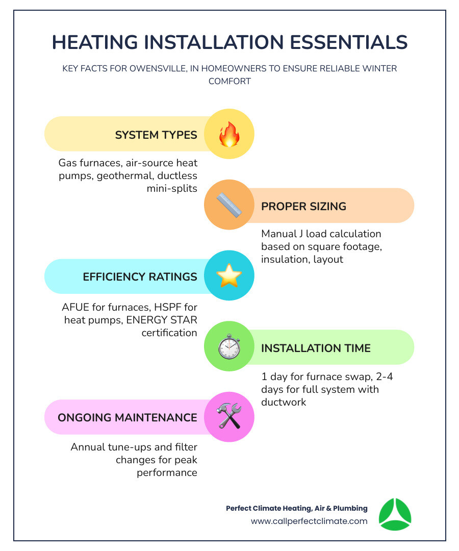 Infographic showing heating system types, efficiency ratings, and installation steps for Owensville IN homeowners - heating