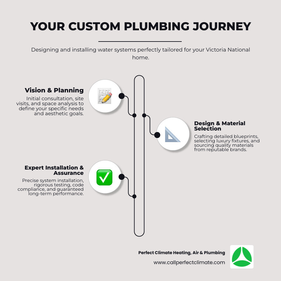 Infographic showing the custom plumbing process from initial consultation and space measurement, through design selection and material sourcing, to installation and final testing - custom plumbing installation in victoria national in infographic infographic-line-3-steps-elegant_beige