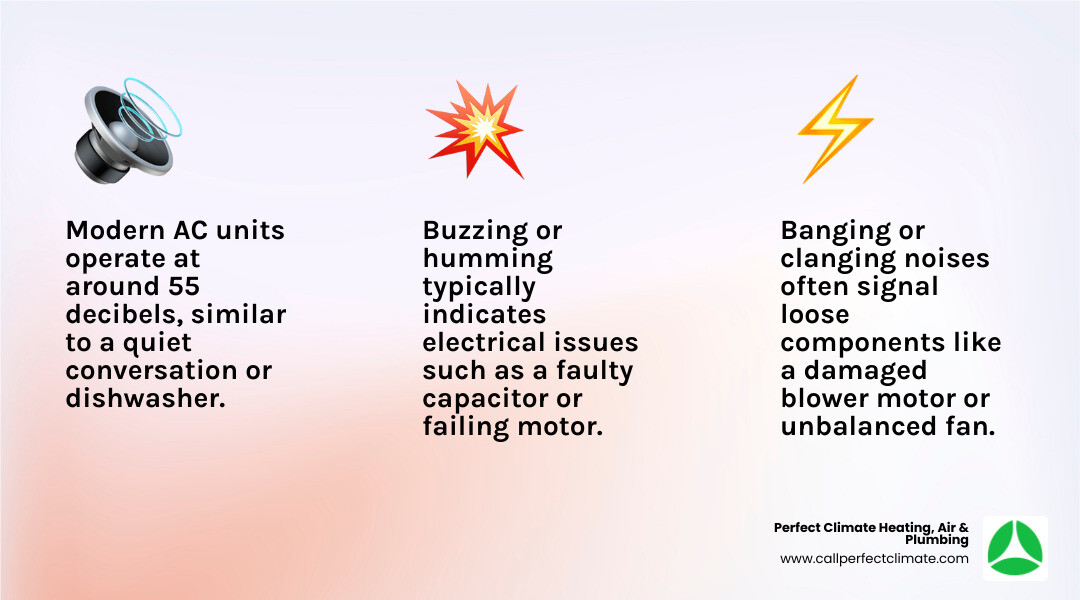 Infographic of common AC noises and their causes - air conditioning making noise in princeton in infographic