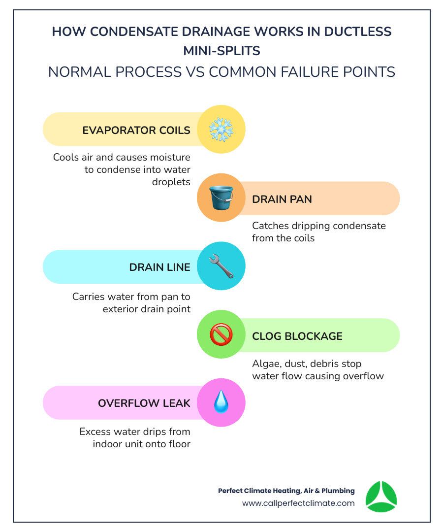Infographic showing how condensate drainage works in a ductless mini-split and common failure points - ductless hvac leaking