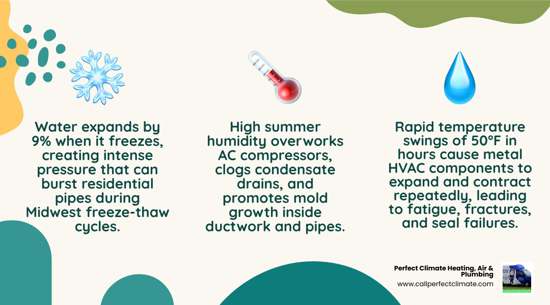 Infographic showing 9% water expansion when freezing and its impact on residential pipes, plus Midwest HVAC stress factors