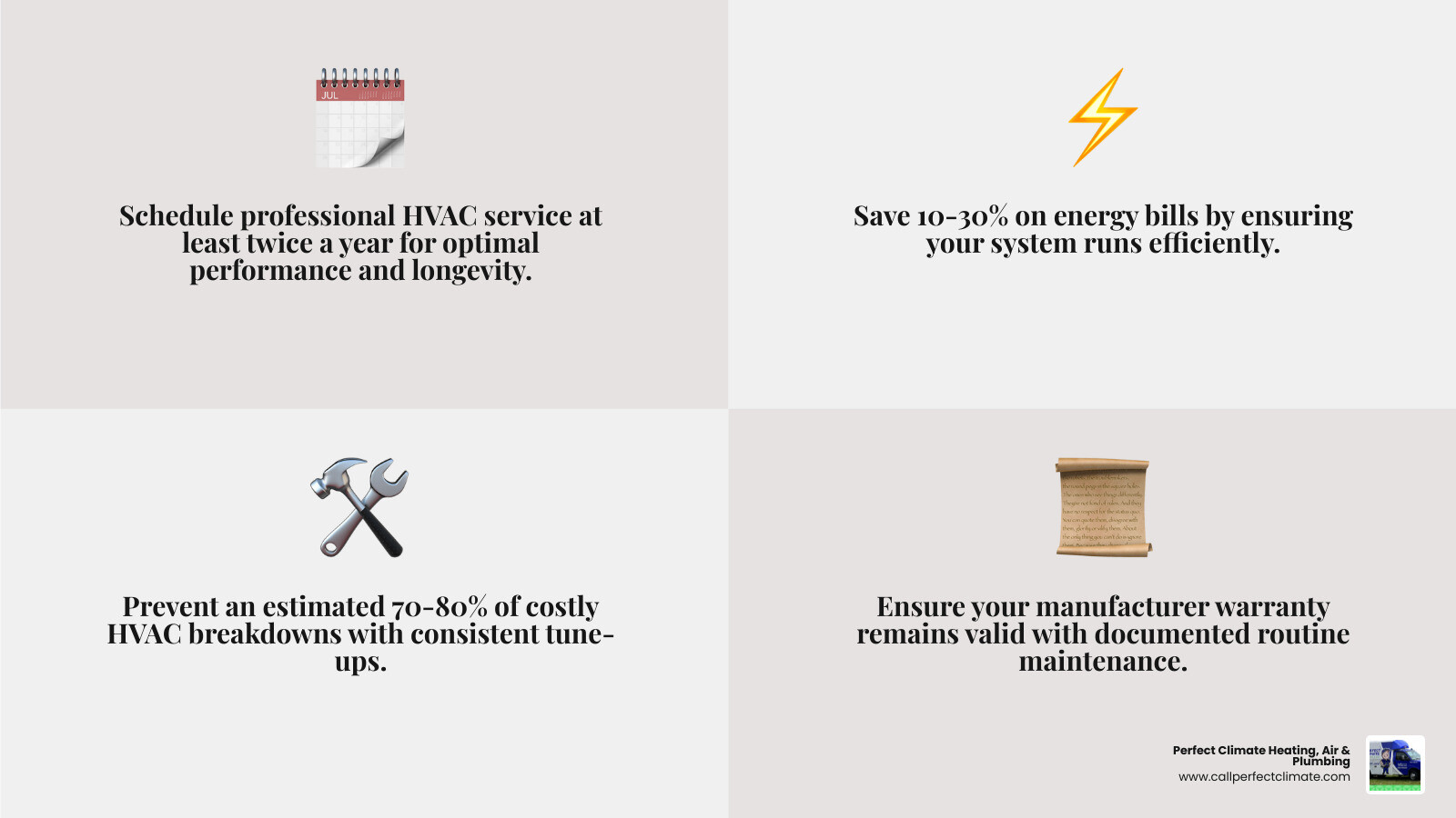 Infographic showing ideal bi-annual HVAC maintenance schedule with spring AC tune-up and fall furnace check for homeowners Infographic showing ideal bi-annual HVAC maintenance schedule with spring AC tune-up and fall furnace check for homeowners