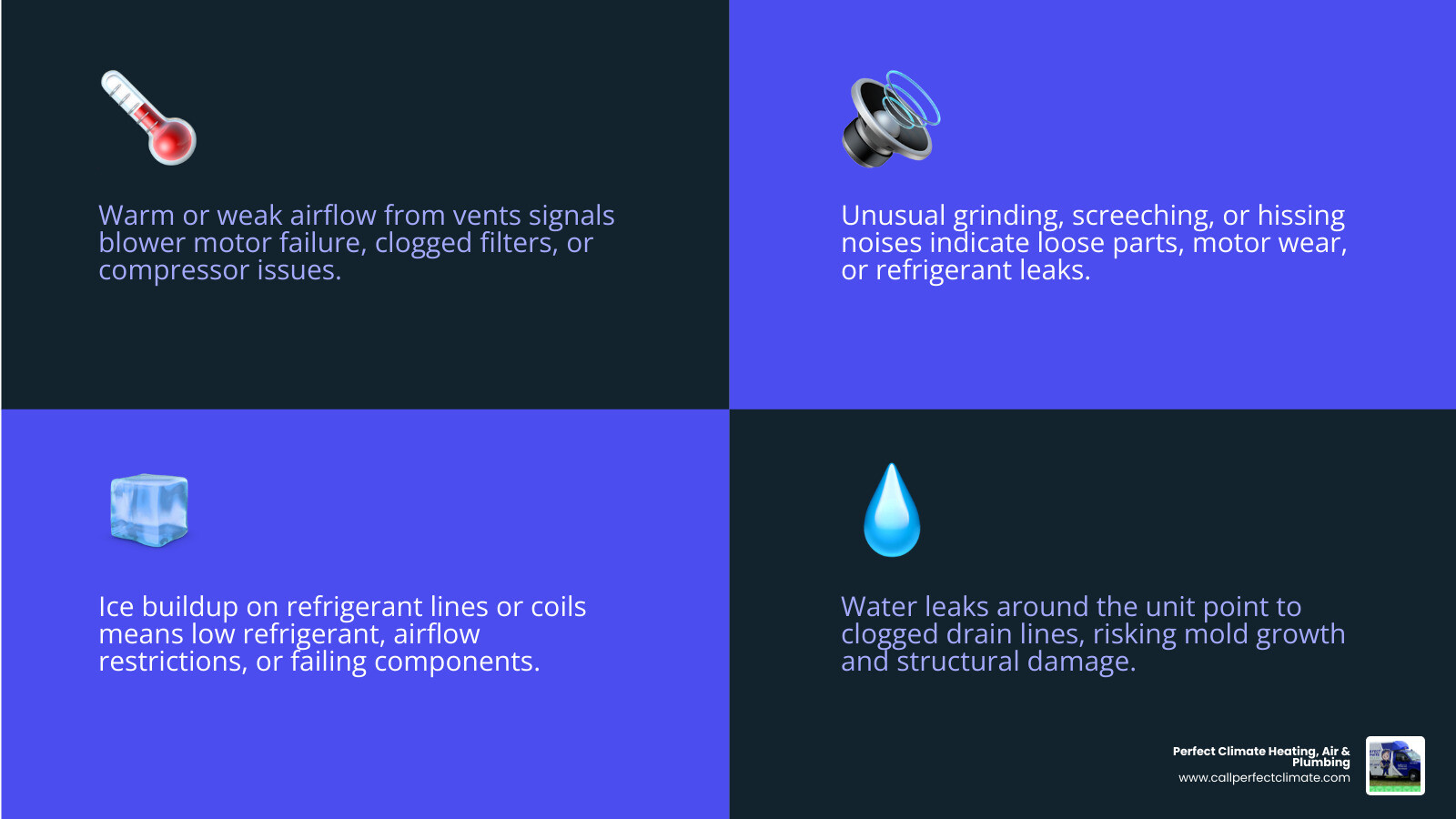 Infographic showing 7 key signs your AC needs repair with icons for each warning sign - signs your ac needs repair Infographic showing 7 key signs your AC needs repair with icons for each warning sign - signs your ac needs repair