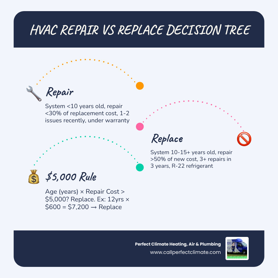 HVAC repair vs replace decision tree infographic with age, cost, and repair frequency criteria - when to repair vs replace HVAC repair vs replace decision tree infographic with age, cost, and repair frequency criteria - when to repair vs replace