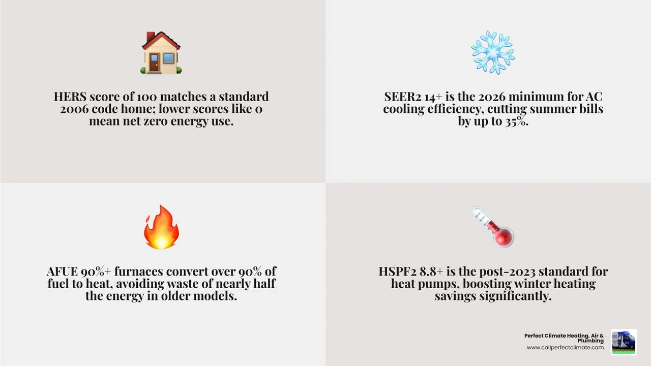 Infographic showing how HERS, SEER, AFUE, and UEF ratings affect monthly household energy costs - efficiency ratings