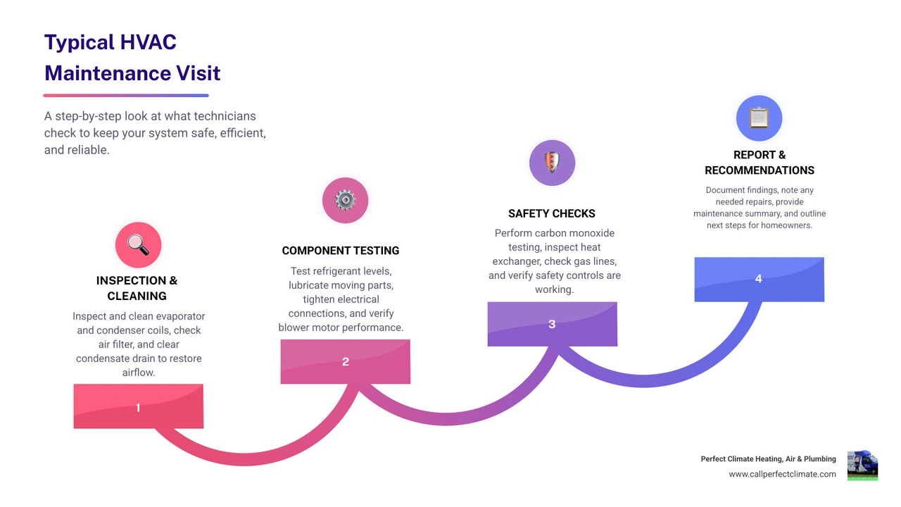 Step-by-step infographic of a typical HVAC maintenance visit from filter check to written service report infographic