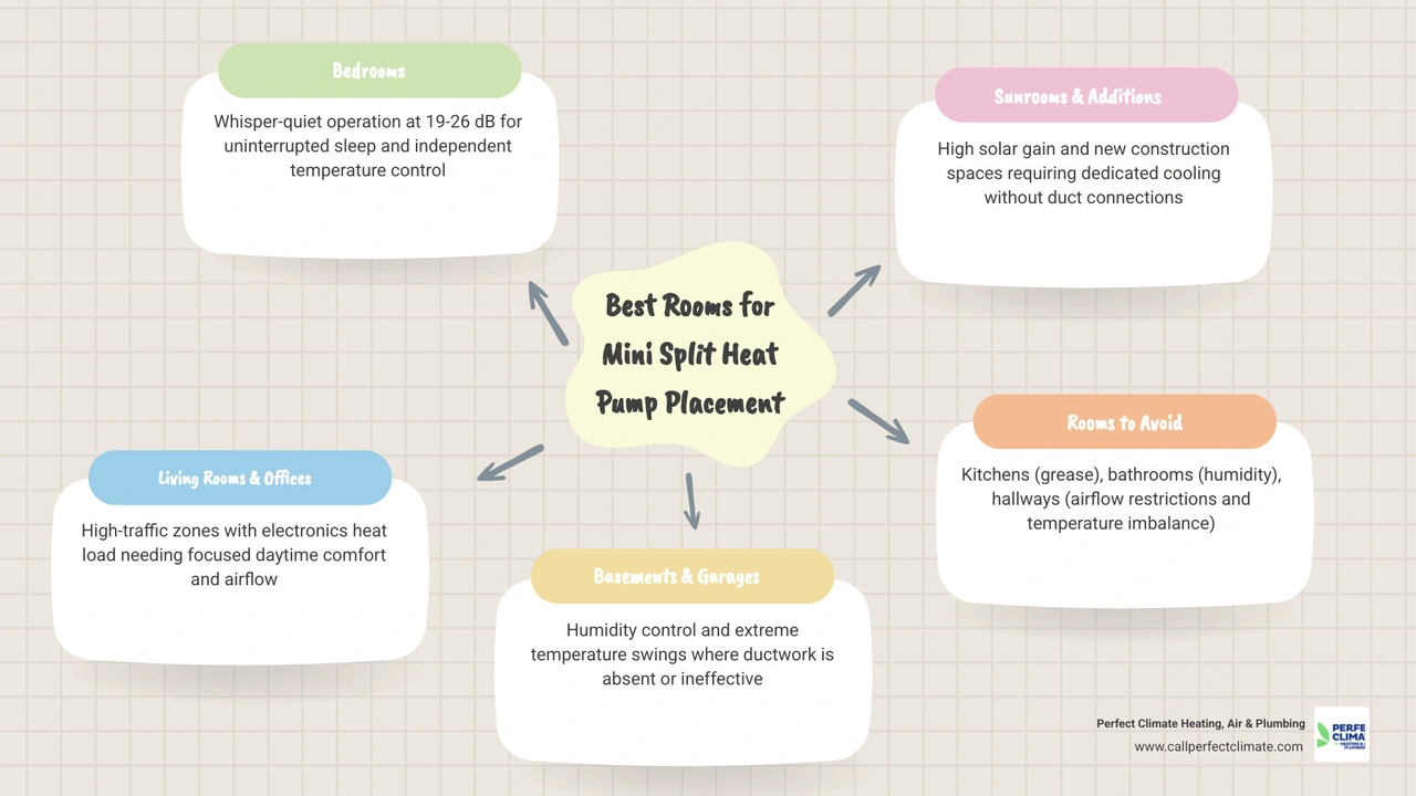 Infographic showing best rooms for mini split heat pump installation with BTU ranges and placement tips infographic Infographic showing best rooms for mini split heat pump installation with BTU ranges and placement tips infographic