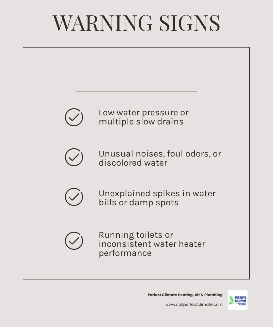 Infographic showing 10 signs your plumbing needs professional attention including low pressure, slow drains, and odors Infographic showing 10 signs your plumbing needs professional attention including low pressure, slow drains, and odors