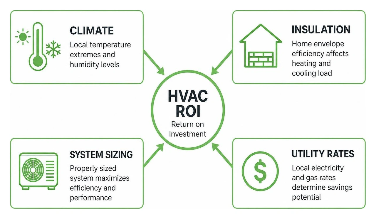 Diagram illustrating the factors influencing HVAC ROI, including climate, insulation, system sizing, and utility rates Diagram illustrating the factors influencing HVAC ROI, including climate, insulation, system sizing, and utility rates