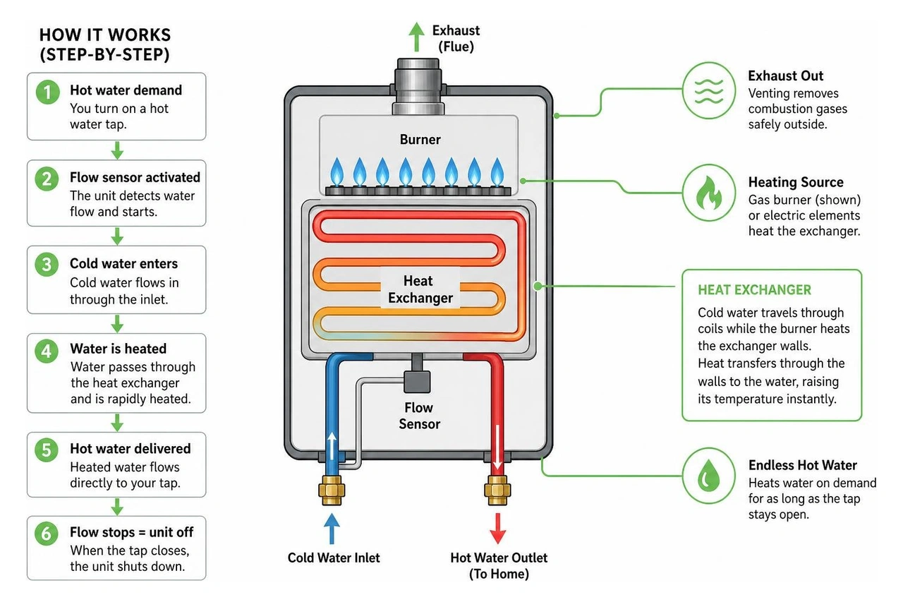 diagram explaining the internal flow and heat exchanger mechanism of a tankless water heater diagram explaining the internal flow and heat exchanger mechanism of a tankless water heater