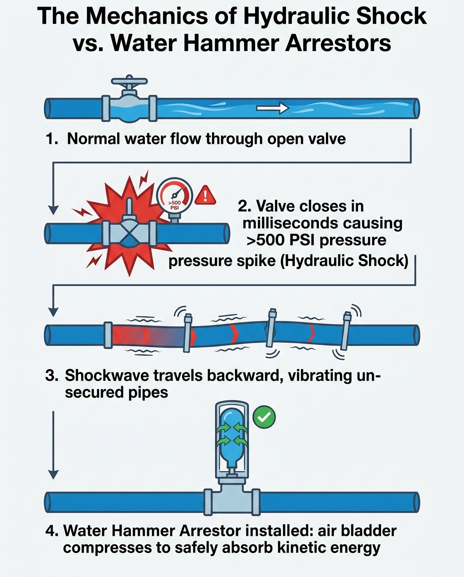 The Mechanics of Hydraulic Shock vs. Water Hammer Arrestors
