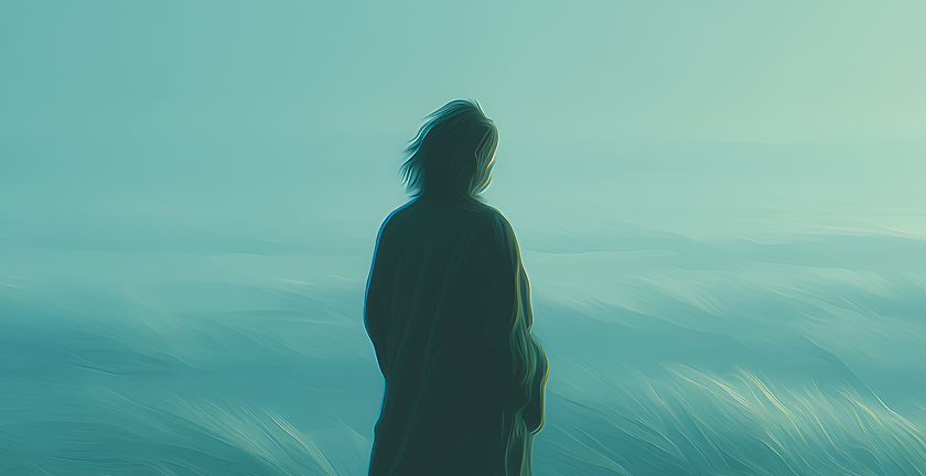 Silhouette of a person with long hair and a cloak standing and looking out over a misty, abstract landscape in shades of blue and green.