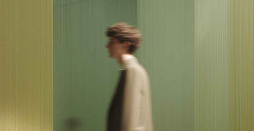 Blurred side profile of a person with curly hair standing against a textured wall with vertical green and yellow stripes.
