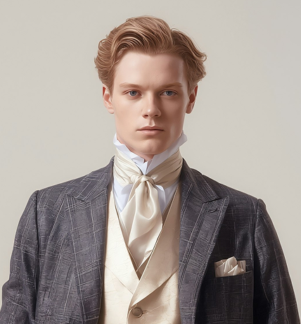 Young man with neatly styled hair wearing a formal patterned gray jacket, cream vest, and a silk cravat with a pocket square on a neutral background.