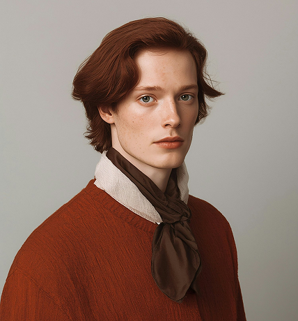 Portrait of a young person with short auburn hair, wearing a rust-colored textured top and a brown scarf tied around their neck.